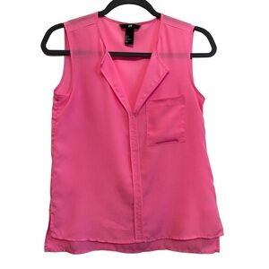 H&M Sleeveless Sheer Bright Pink Tank V neck Women’s Top Front Pocket Size 2